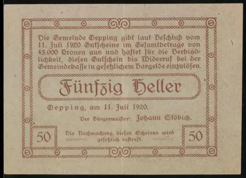 Notgeld Oepping 1920, 50 Heller, Landschaft mit Kirche und Gebäuden im Hintergrund