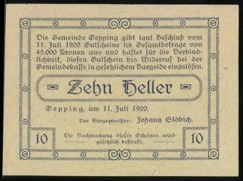 Notgeld Oepping 1920, 10 Heller, Ansicht vom Bahnhof in Oepping