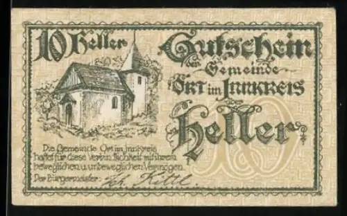Notgeld Ort im Innkreis 1920, 10 Heller, Kirche und Landschaftsmotiv