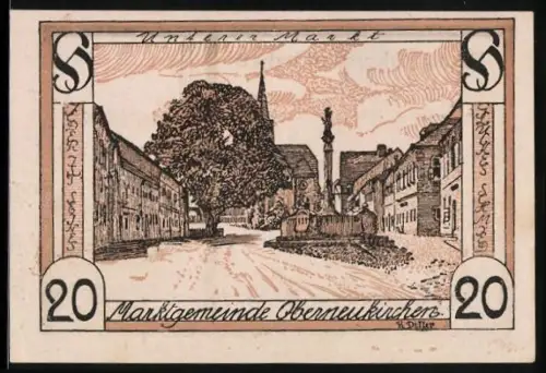 Notgeld Oberneukirchen, 20 Heller, Ortsansicht mit Kirche und Denkmal, Schwert und Wappen