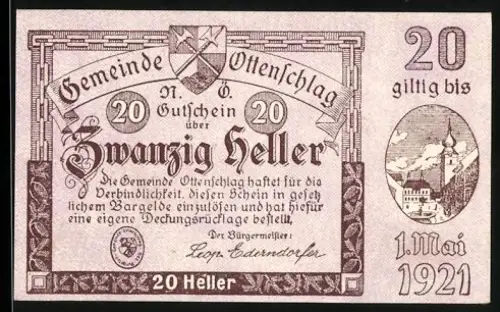 Notgeld Ottenschlag 1921, 20 Heller, Wappen und Ortsansicht