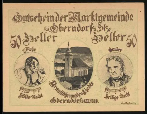 Notgeld Oberndorf a. d. Slz. 1919, 50 Heller, Kirche und Porträts von Mohr und Gruber