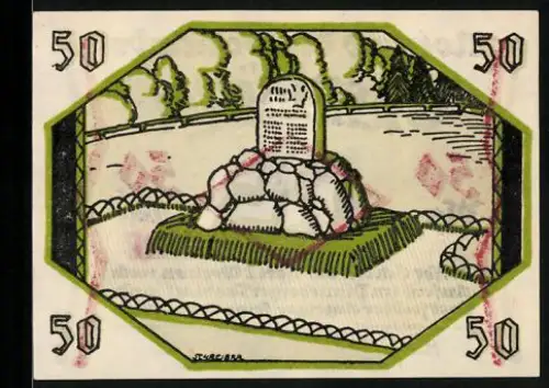 Notgeld Egenbüttel, 50 Pf, Denkmal auf Steinhügel und Baum im Rautenmuster