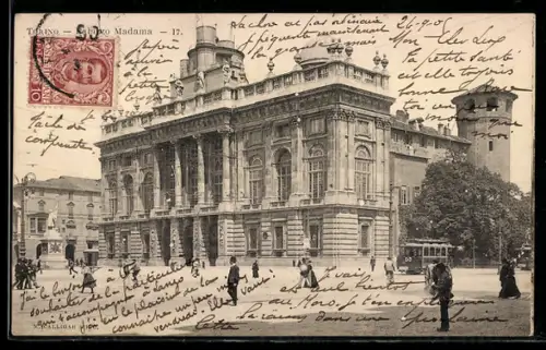 AK Torino, Palazzo Madama con tram e passanti
