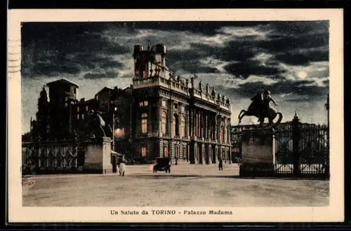 AK Torino, Palazzo Madama di notte con statue equestri e cielo nuvoloso