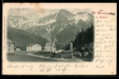 AK St. Gertraud /Sulden, Vista del paese con montagne innevate sullo sfondo