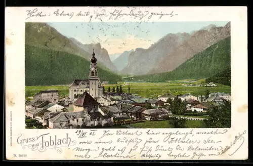 AK Toblach, Vista panoramica con chiesa e montagne sullo sfondo