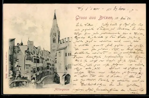 AK Brixen, Veduta della Torre e della Adlergasse con edifici storici