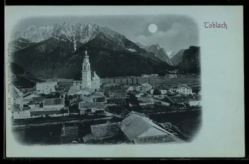Mondschein-AK Toblach, Vista notturna del paese con chiesa e montagne sullo sfondo