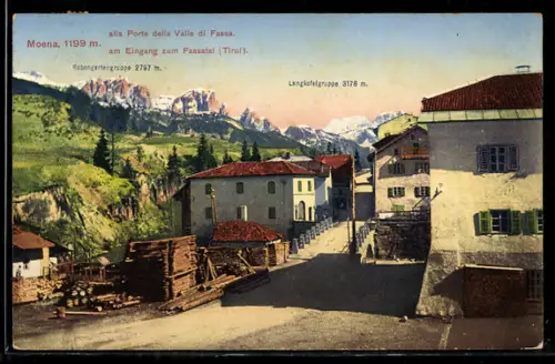 AK Moena, Alla Porta della Valle di Fassa, vista del paese con montagne sullo sfondo