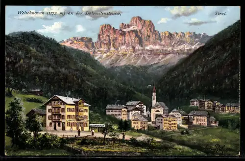 AK Welschnofen, Vista del paese con Dolomiti sullo sfondo