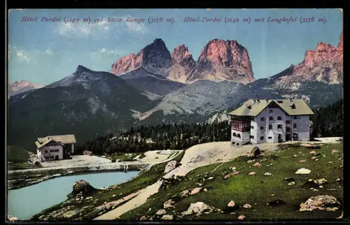 AK Pordoi, Vista sul Sassolungo e Langkofel con lago alpino e case alpine, Hôtel