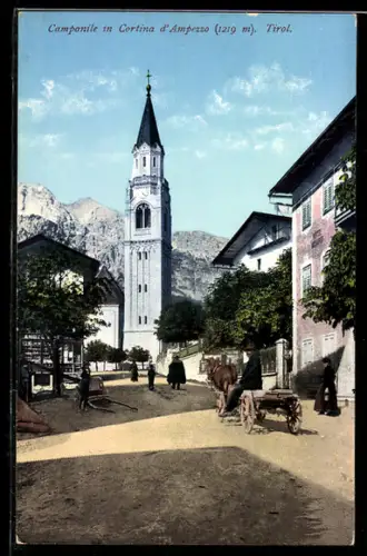 AK Cortina d`Ampezzo, Campanile con vista sulle montagne e vita quotidiana nel villaggio