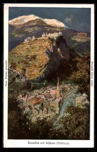 Künstler-AK Klausen /Südtirol, Ortsansicht mit Säben, Verein für das Deutschtum im Ausland