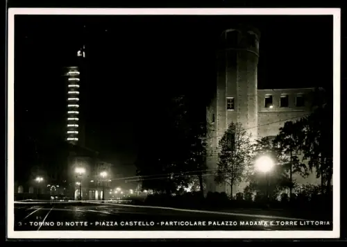 AK Torino, Piazza Castello di notte, Particolare Palazzo Madama e Torre Littoria