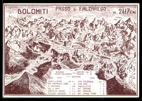 AK Passo di Falzàrego, Vista panoramica delle Dolomiti con sentieri e rifugi alpini