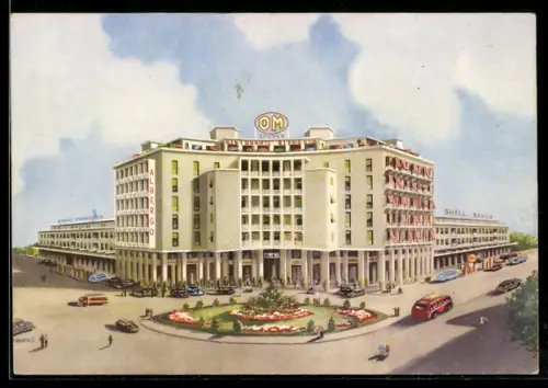 Künstler-AK Padova, Autostazione Stanga con albergo e ristorante, auto e autobus in primo piano