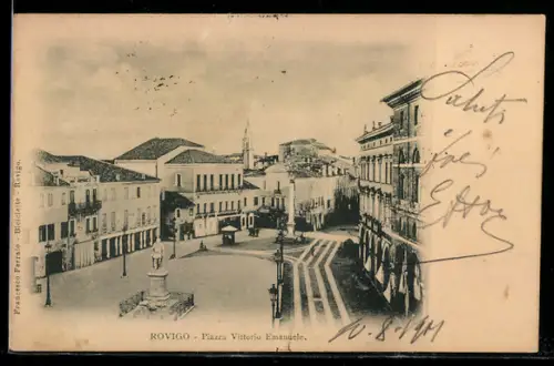 AK Rovigo, Piazza Vittorio Emanuele con statua e palazzi circostanti