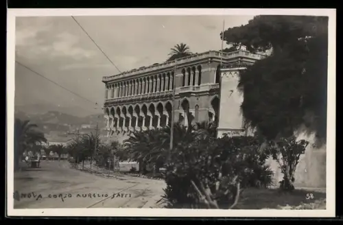 AK Genova, Corso Aurelio Saffi con edificio storico e vegetazione lussureggiante