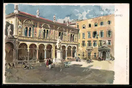 Künstler-AK Verona, Piazza dei Signori con statua e palazzi storici