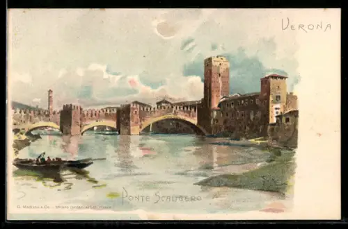 Lithographie Verona, Ponte Scaligero con barca sul fiume