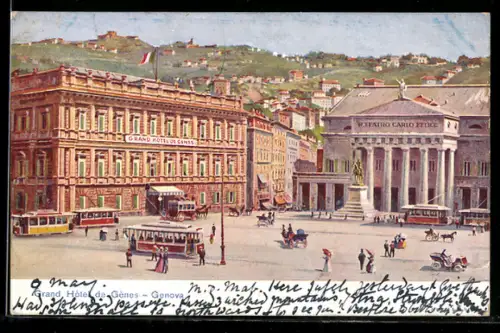 Künstler-AK Genova, Grand Hôtel de Gênes e Teatro Carlo Felice con tram e carrozze