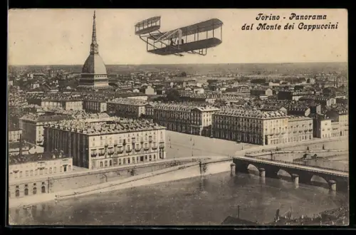 AK Torino, Panorama dal Monte dei Cappuccini con aeroplano e Mole Antonelliana