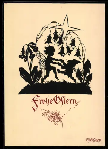 Künstler-AK Georg Plischke: Frohe Ostern, Zwerg und Fee, Schattenbild, Silhouette