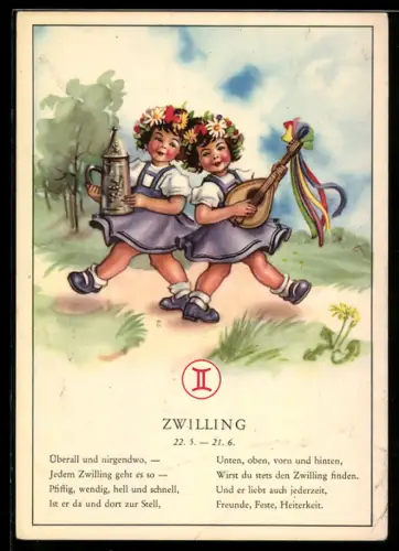 AK Sternzeichen Zwilling, Zwillings-Mädchen mit Laute und Bierkrug, Vers