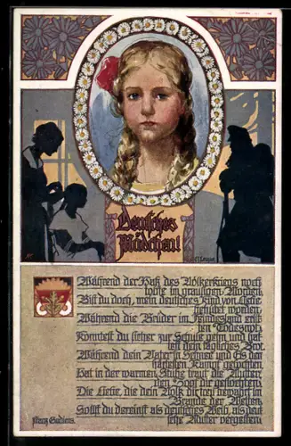 AK Deutscher Schulverein NR 892: Porträt eines deutschen Mädels, Soldat hält Wacht