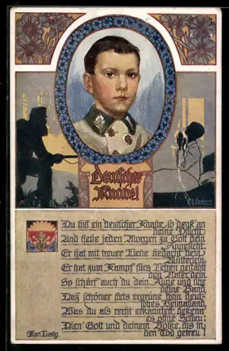 Künstler-AK Deutscher Schulverein: Porträt deutscher Knabe in Uniform, Soldat im Waldkampf, Junge betet