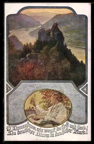 Künstler-AK Deutscher Schulverein Nr. 1051: Burg an der Donau, Mann mit einem Weinglas