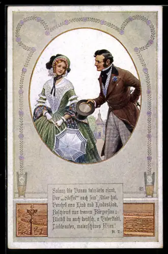 AK Solang die Donau talwärts rinnt..., Fräulein mit Schirm und einem Herrn, Biedermeier, Deutscher Schulverein