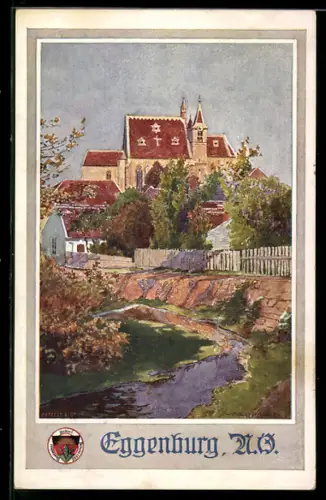Künstler-AK Deutscher Schulverein Nr. 585: Eggenburg, Partie am Bach, Blick zur Kirche