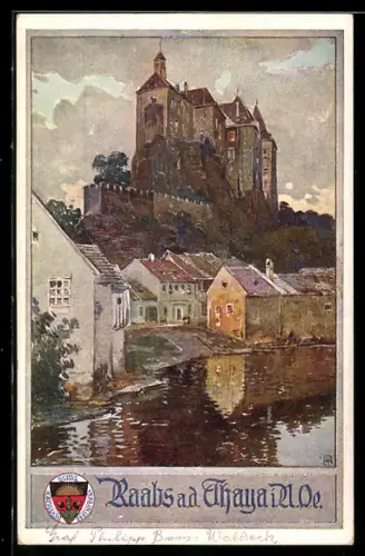 Künstler-AK Raabs a. d. Thaya, Blick vom Fluss zur Burg, Deutscher Schulverein