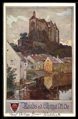 Künstler-AK Raabs a. d. Thaya, Blick vom Fluss zur Burg, Deutscher Schulverein