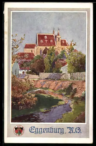 Künstler-AK Deutscher Schulverein Nr. 585: Eggenburg, Partie am Bach, Blick zur Kirche