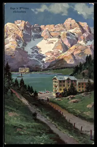 Künstler-AK Rudolf Alfred Höger: Misurina, Ortsansicht mit Lago di Misurina