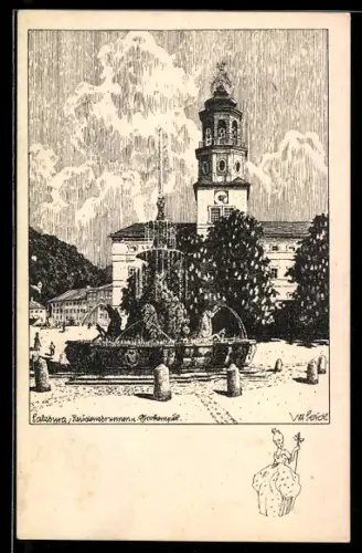 Künstler-AK Ulf Seidl: Salzburg, Glockenspiel und Residenzbrunnen