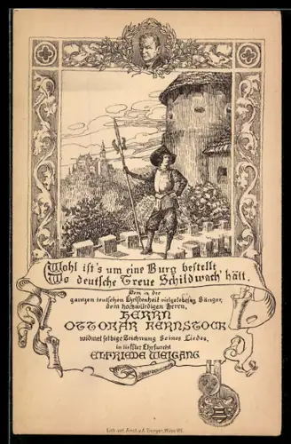 AK Wächter an einer Burg, Herr Ottokar Bernstock widmet Zeichnung seines Liedes Elfriede Weigang