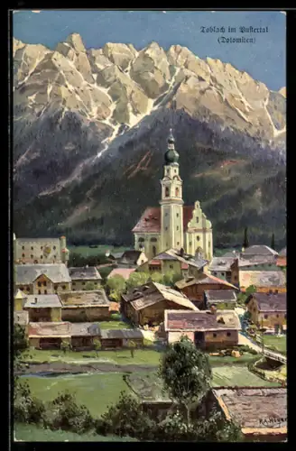 Künstler-AK Rudolf Alfred Höger: Toblach im Pustertal von der Dolomitenstrasse aus gesehen
