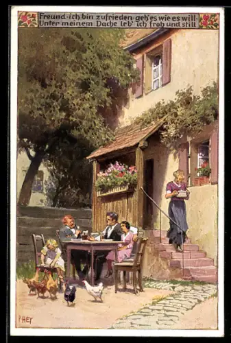 Künstler-AK Paul Hey: Volksliederkarte Nr. 99: Freund, ich bin zufrieden!