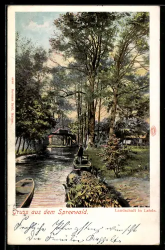 AK Lehde, Landschaftsbild mit Spreewälder Kähnen