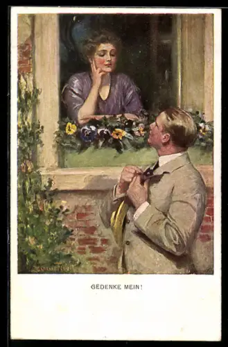 Künstler-AK Clarence F. Underwood: Herr besucht Dame am Fenster