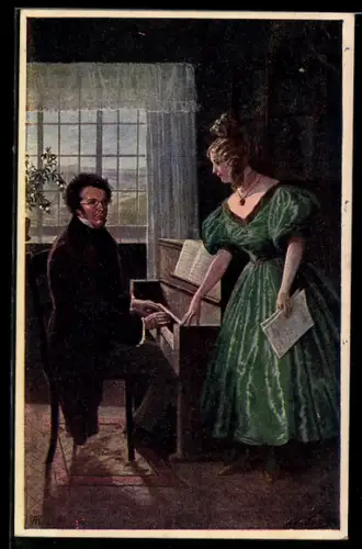 Künstler-AK Dein sei mein Herz..., Komponist Schubert an Klavier