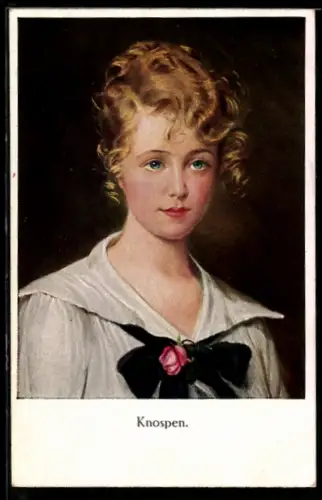 Künstler-AK M. Munk Nr. 1190: Knospen, junge Dame mit Schleife und Rose an der Bluse