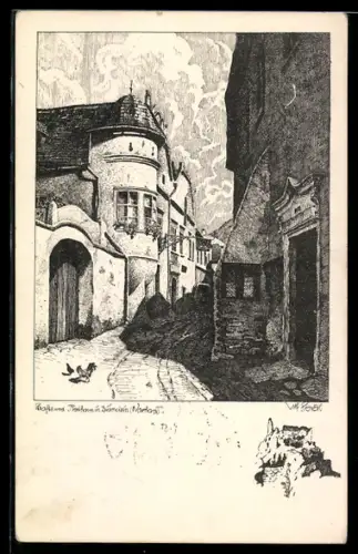 Künstler-AK Ulf Seidl: Wachau, Strasse und Rathaus in Dürnstein