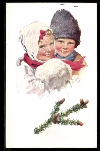 Künstler-AK Karl Feiertag: Porträts zweier Kinder, Tannenzweig, Neujahr