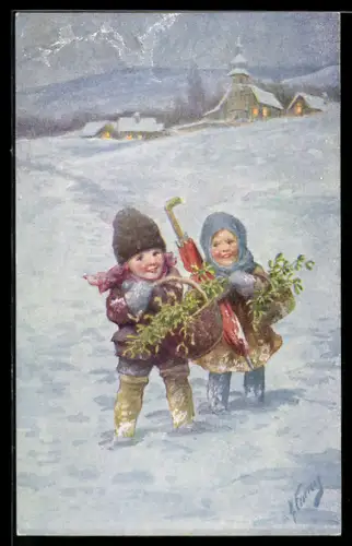 Künstler-AK Karl Feiertag: Kleines Paar mit Mistelzweigen im Schnee, Ortschaft
