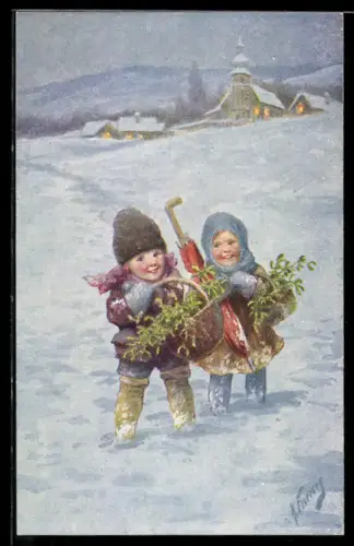 Künstler-AK Karl Feiertag: Kleines Paar mit Mistelzweigen im Schnee vor einer Ortschaft